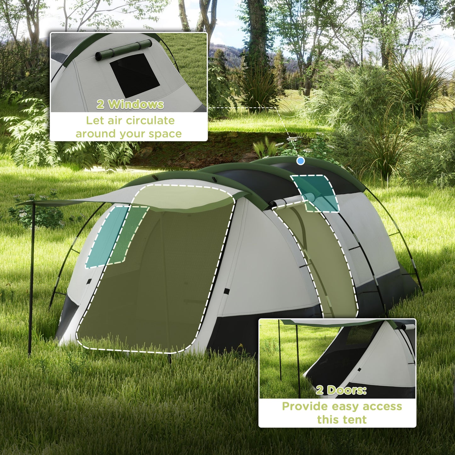 2 Man Camping Tent, with Two Rooms and Porch - Green