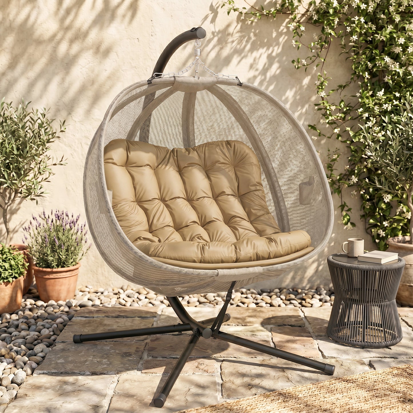 Double Hanging Egg Chair 2 Seaters Texteline Swing Hammock Chair with Stand, Cushion and Folding Design