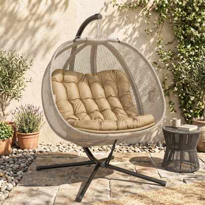 Double Hanging Egg Chair 2 Seaters Texteline Swing Hammock Chair with Stand, Cushion and Folding Design