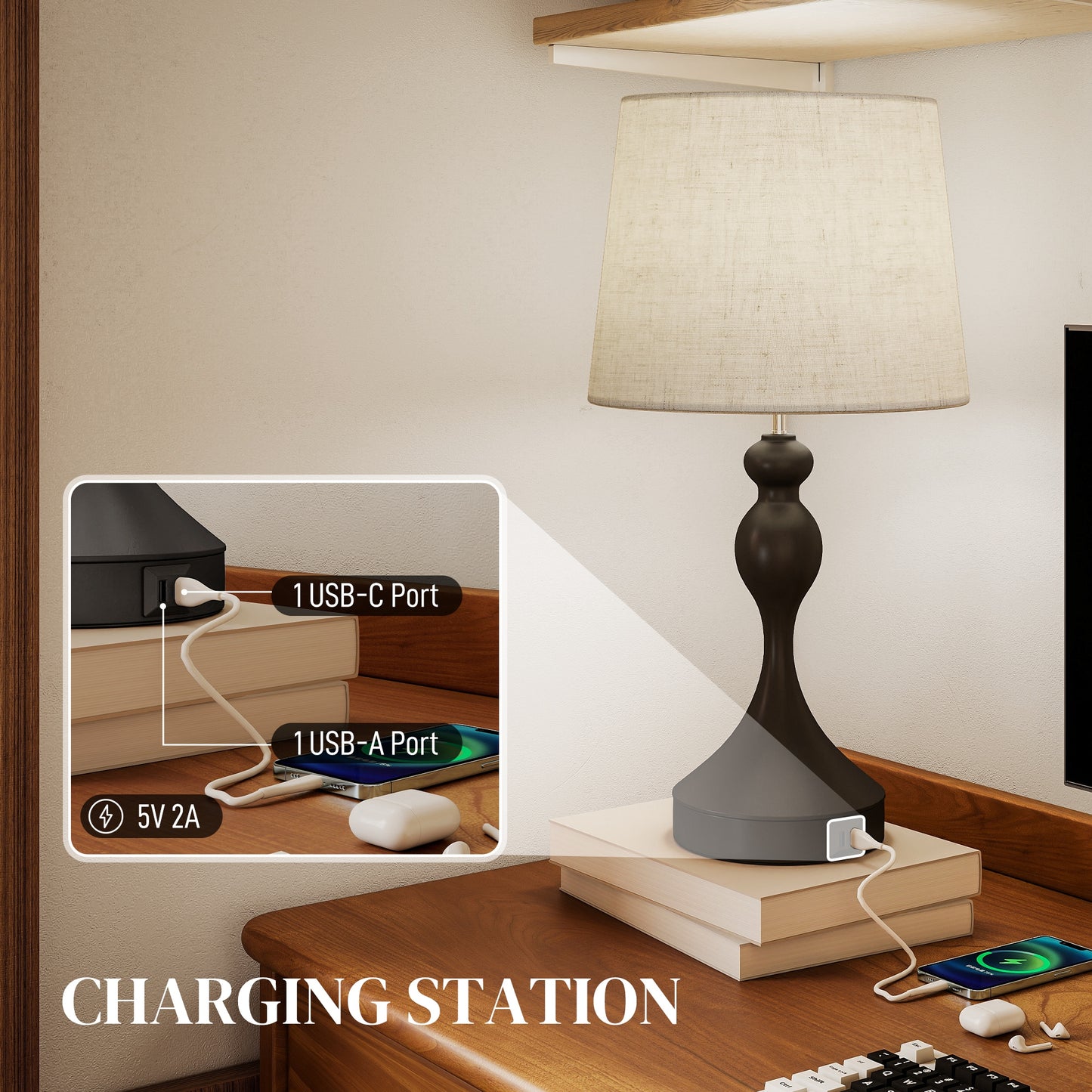 Set of Two Three-Colour Lamps, with USB Ports - Black/Beige