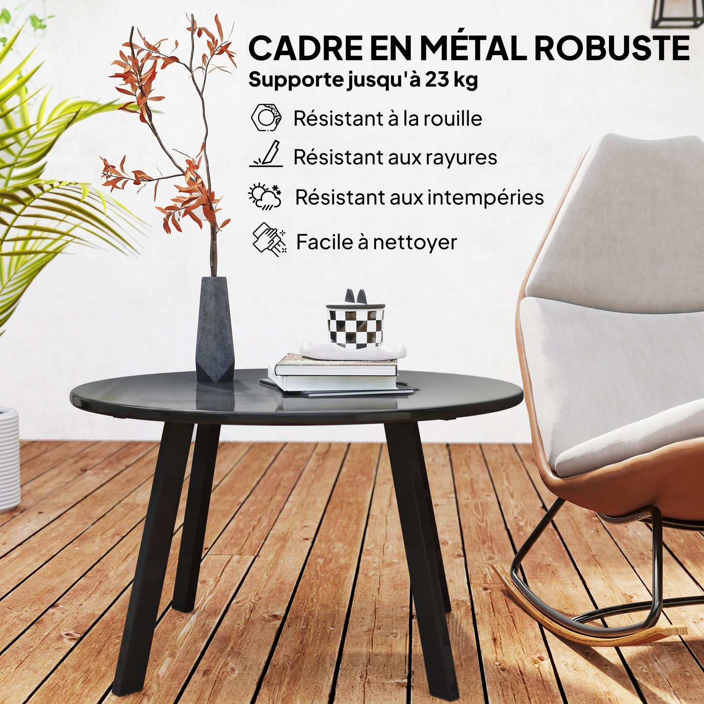 70cm Round Coffee Table, Outdoor Garden Table with Non-Slip Foot Pads and Metal Frame for Garden, Terrace, Balcony