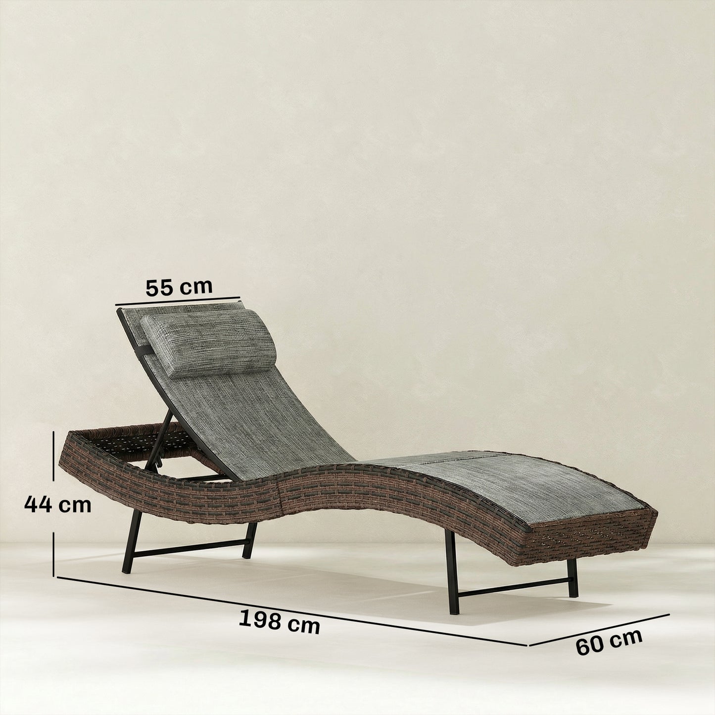 Rattan Sun Lounger, Garden Recliner with 5 Position Adjustable Back, S Shaped Texteline Seat, Headrest, Brown