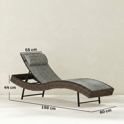 Rattan Sun Lounger, Garden Recliner with 5 Position Adjustable Back, S Shaped Texteline Seat, Headrest, Brown