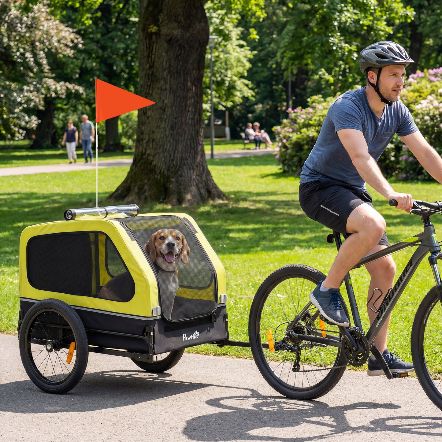 Dog Bike Trailer with Flip-Down Ramp Tailgate, Quick Release Frame, Universal Bicycle Coupler, Reflectors, Yellow