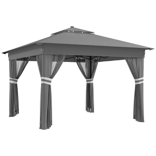 3.36 x 3.36m Pop Up Gazebo Party Tent with Solar-Powered LED Lights, Adjustable Event Shelter with Netting, Grey