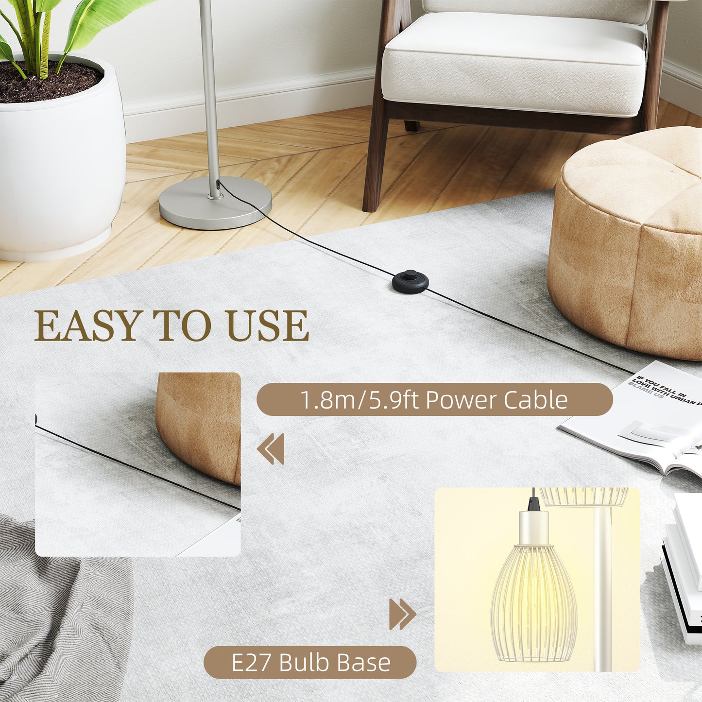 3-Light Floor Lamp, 170cm Industrial Dimmable Standing Lamp with Steel Wire Cage Lampshades for Living Room, Bedroom
