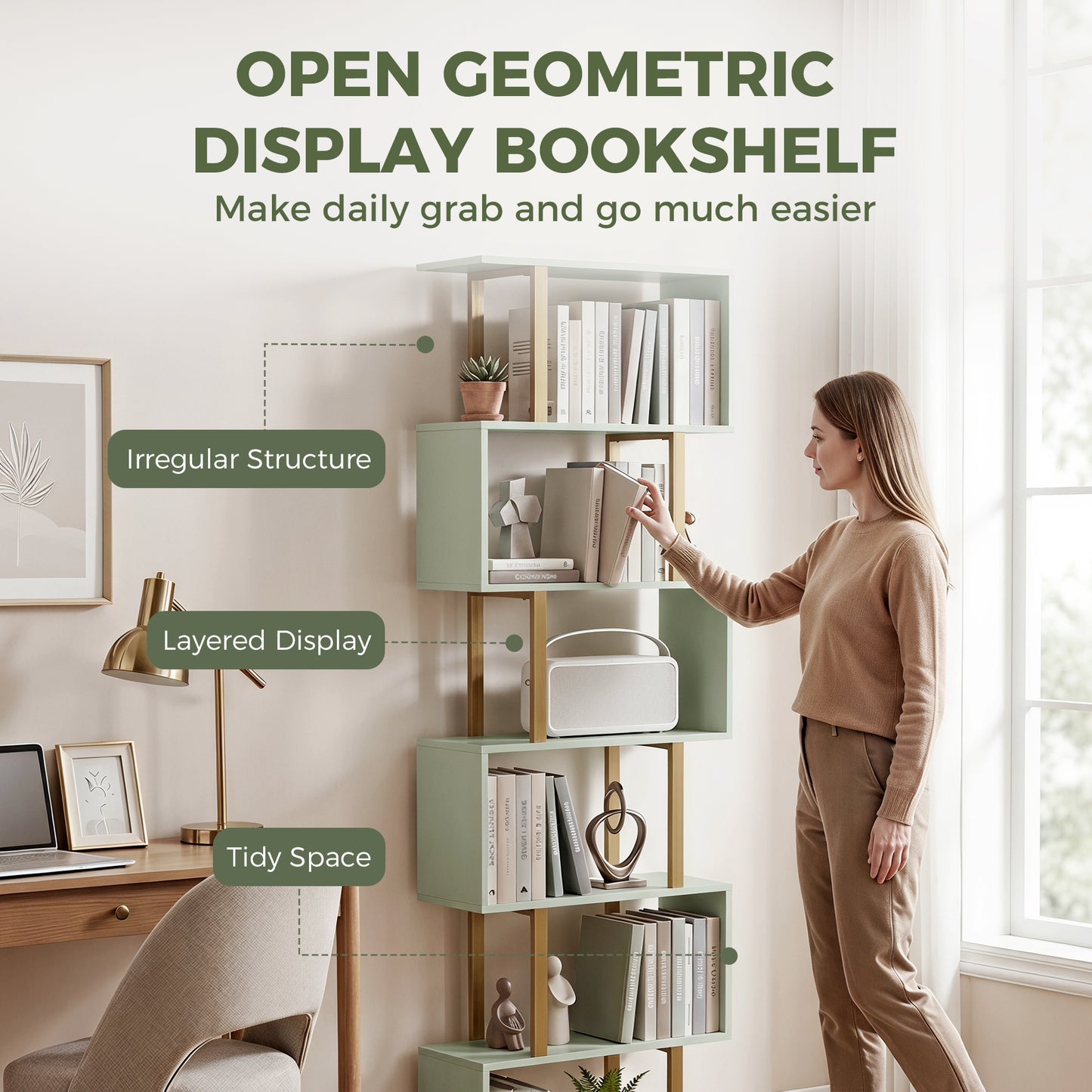 S-Shaped Bookshelf, 6-Tier Bookcase, Freestanding Storage Shelves with Anti-Tip Strap for Living Room, Light Green
