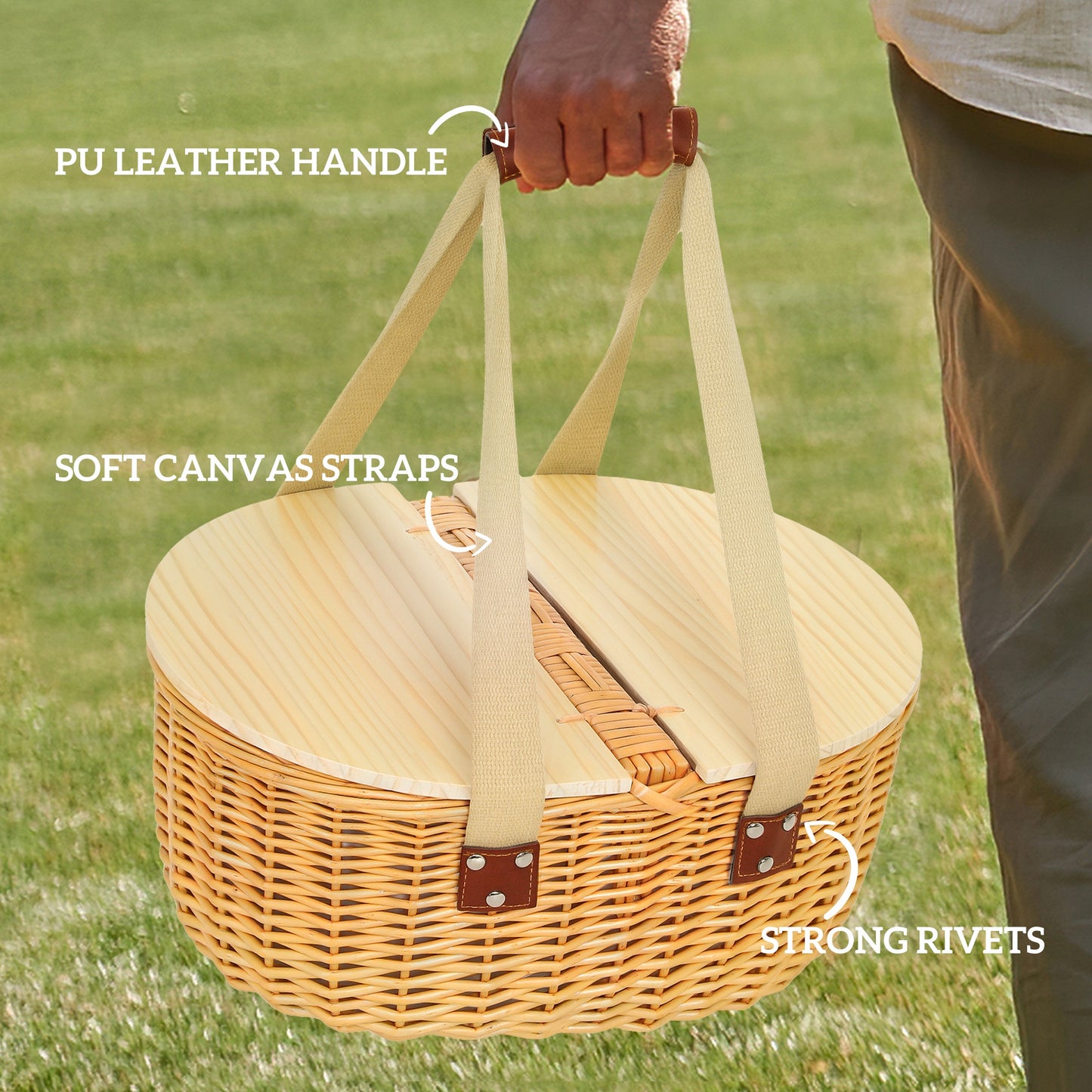 Wicker Picnic Basket for 2 with Pine Wood Lid, Picnic Hamper with Cooler Compartment, Cutlery Service Kits
