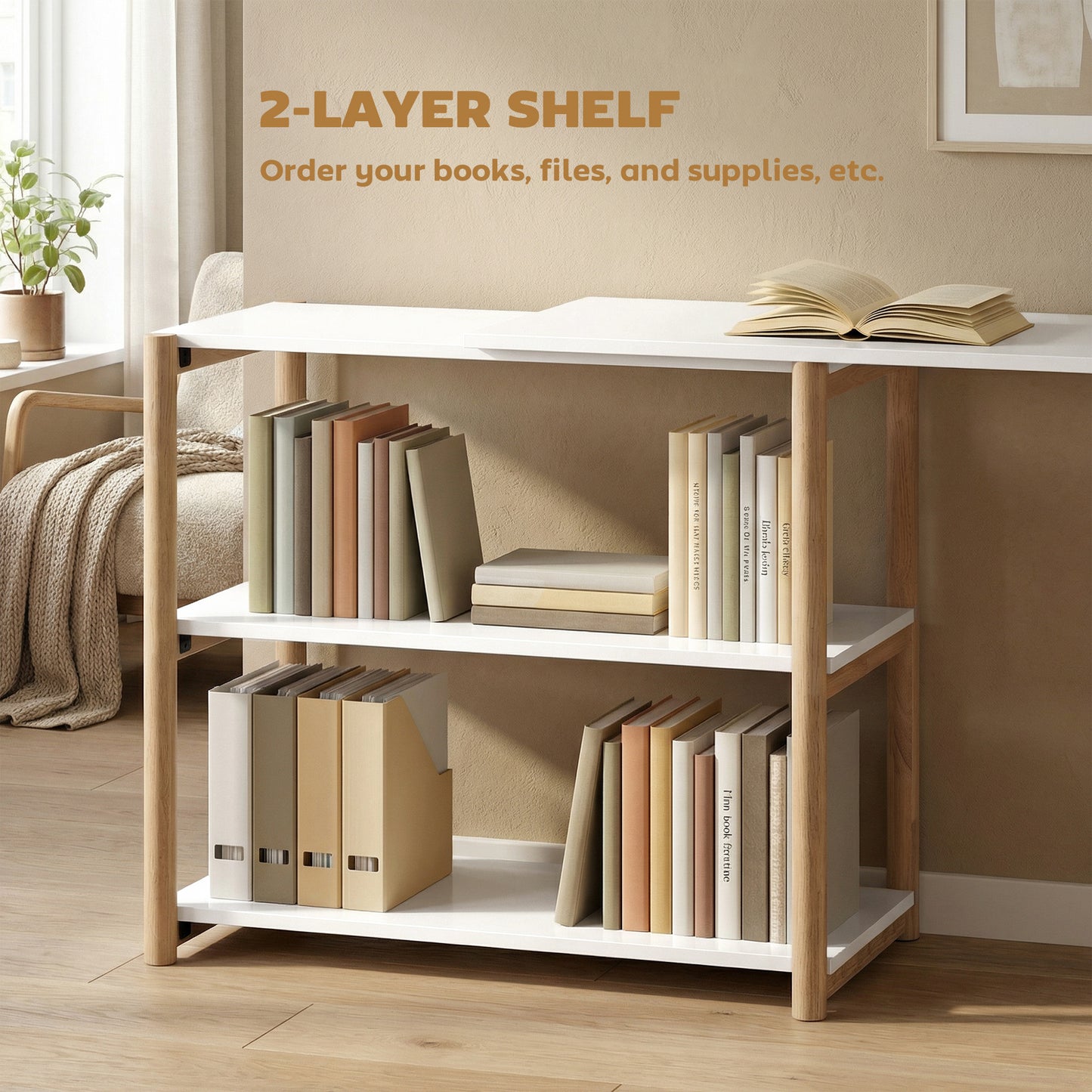 Computer Desk with Storage Shelves Modern Writing Desk Bamboo Frame for Home Office 150 cm White and Oak