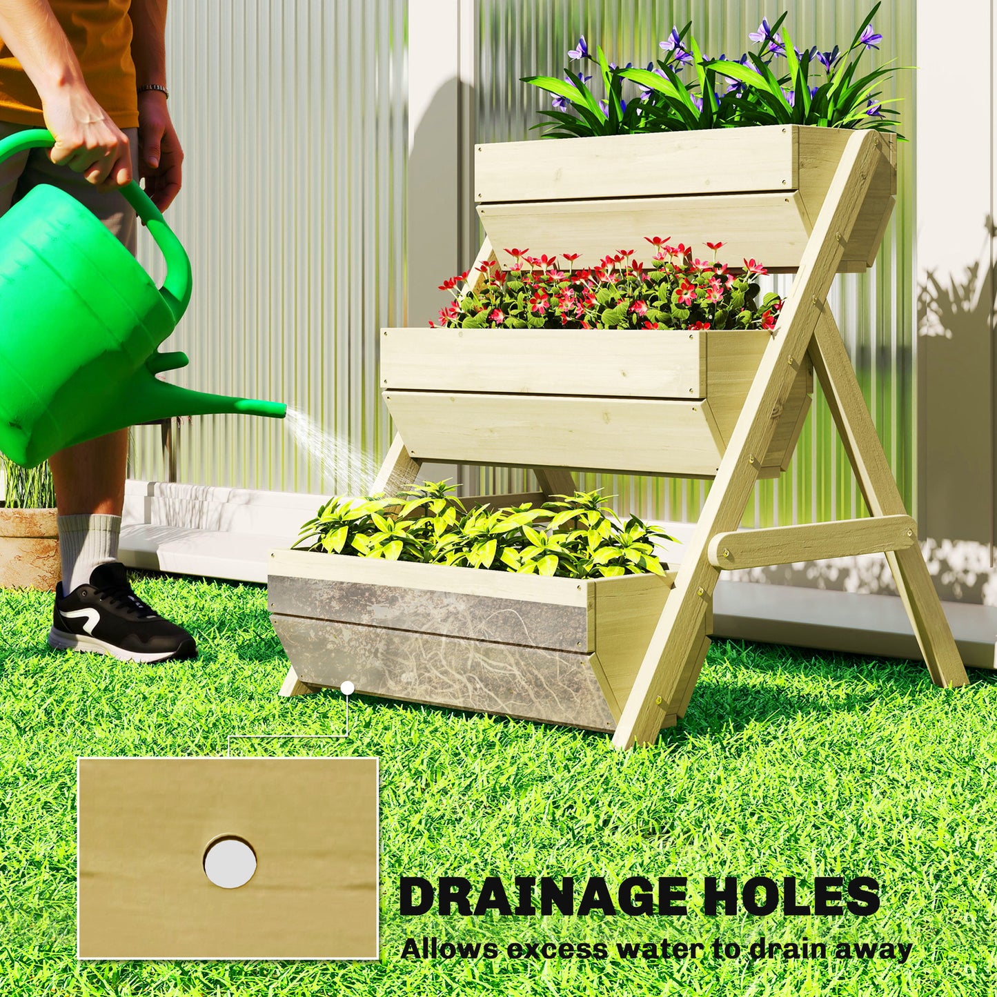 3 Tier Raised Garden Bed Wooden Elevated Planter Box Kit, 66L for Flower, Vegetable, Herb, 65x75x78cm, Green