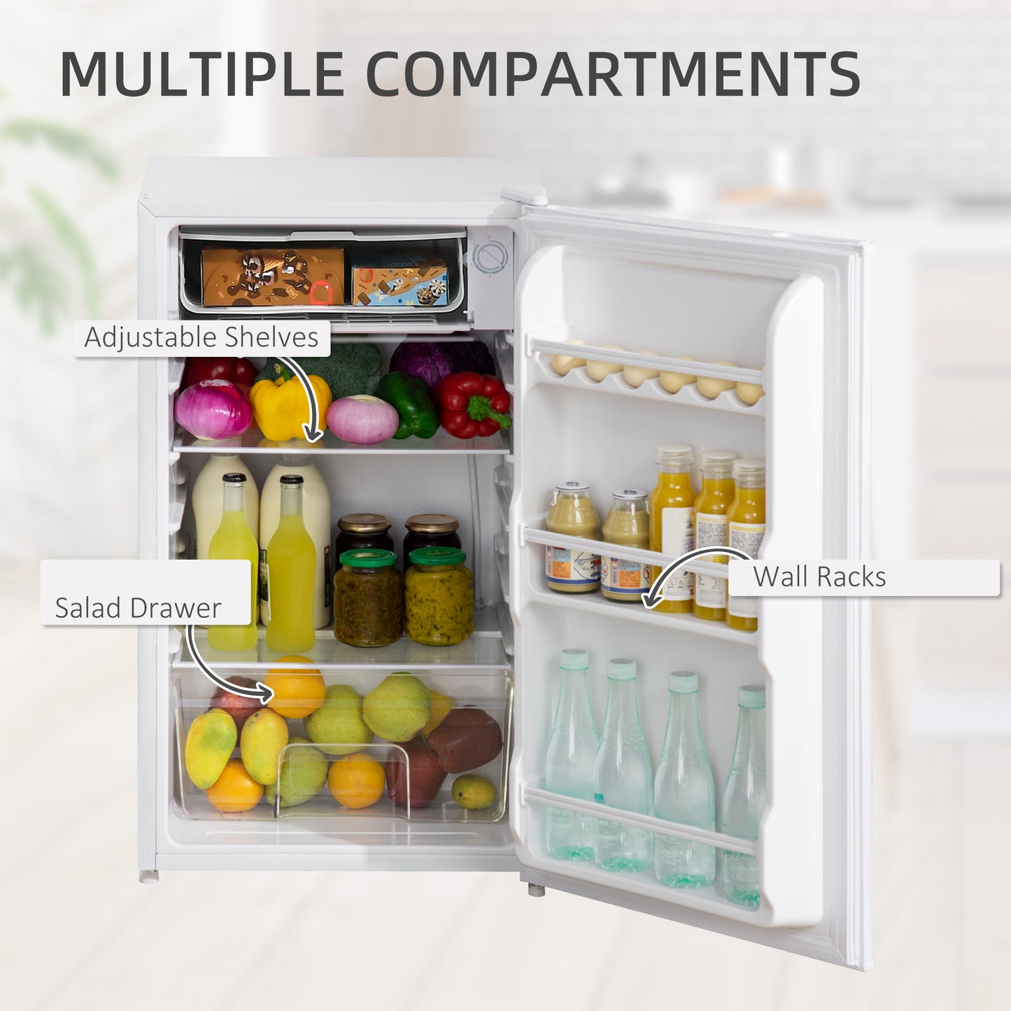 91L Small Fridge with Chiller Box Under Counter Fridge with Reversible Door, Good Housekeeping Institute Approved, White