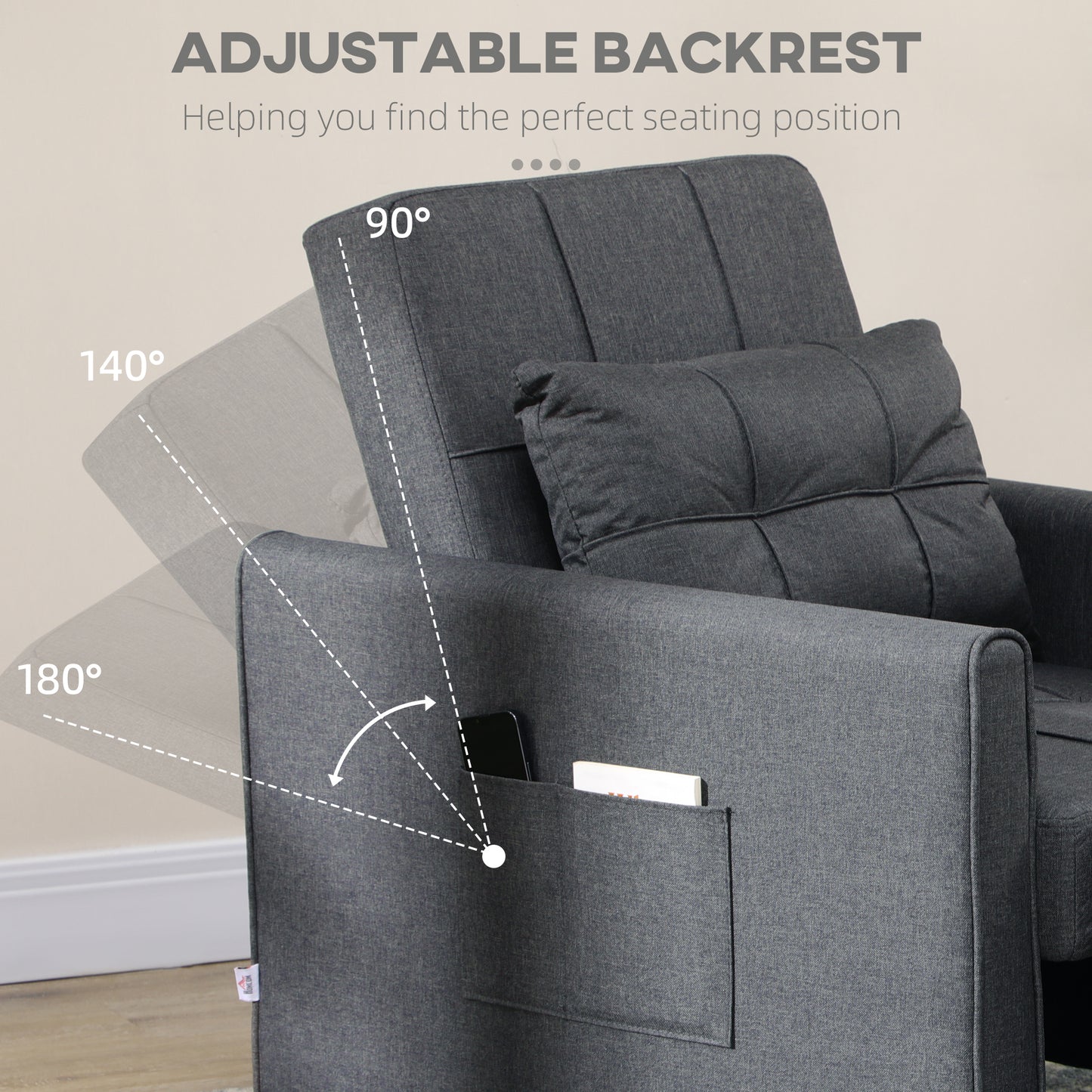 3-In-1 Linen-Look Single Chair Bed with Adjustable Back & Eucalyptus Wood Sofa Frame - Grey