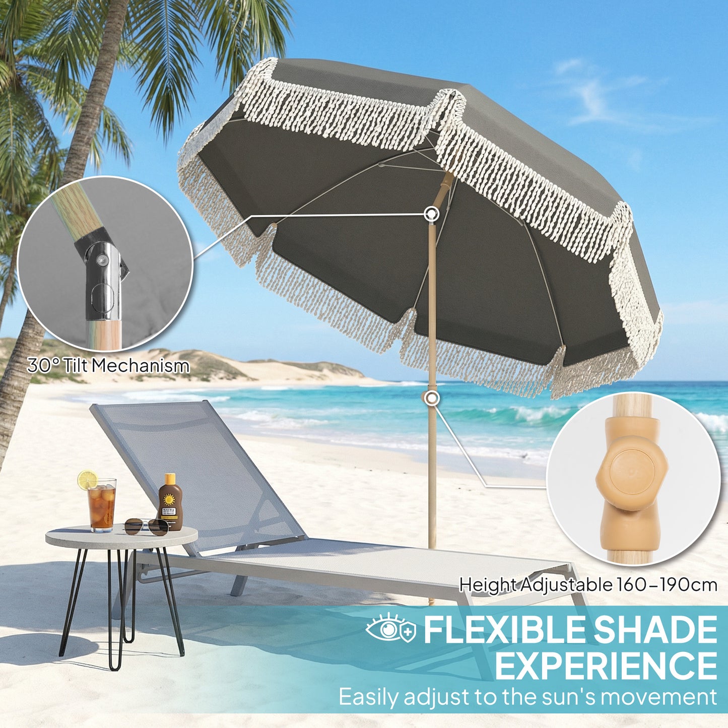 1.7 m Beach Umbrella with Sand Anchor, 30° Tilting Fringed Beach Garden Parasol with Adjustable Height, Grey
