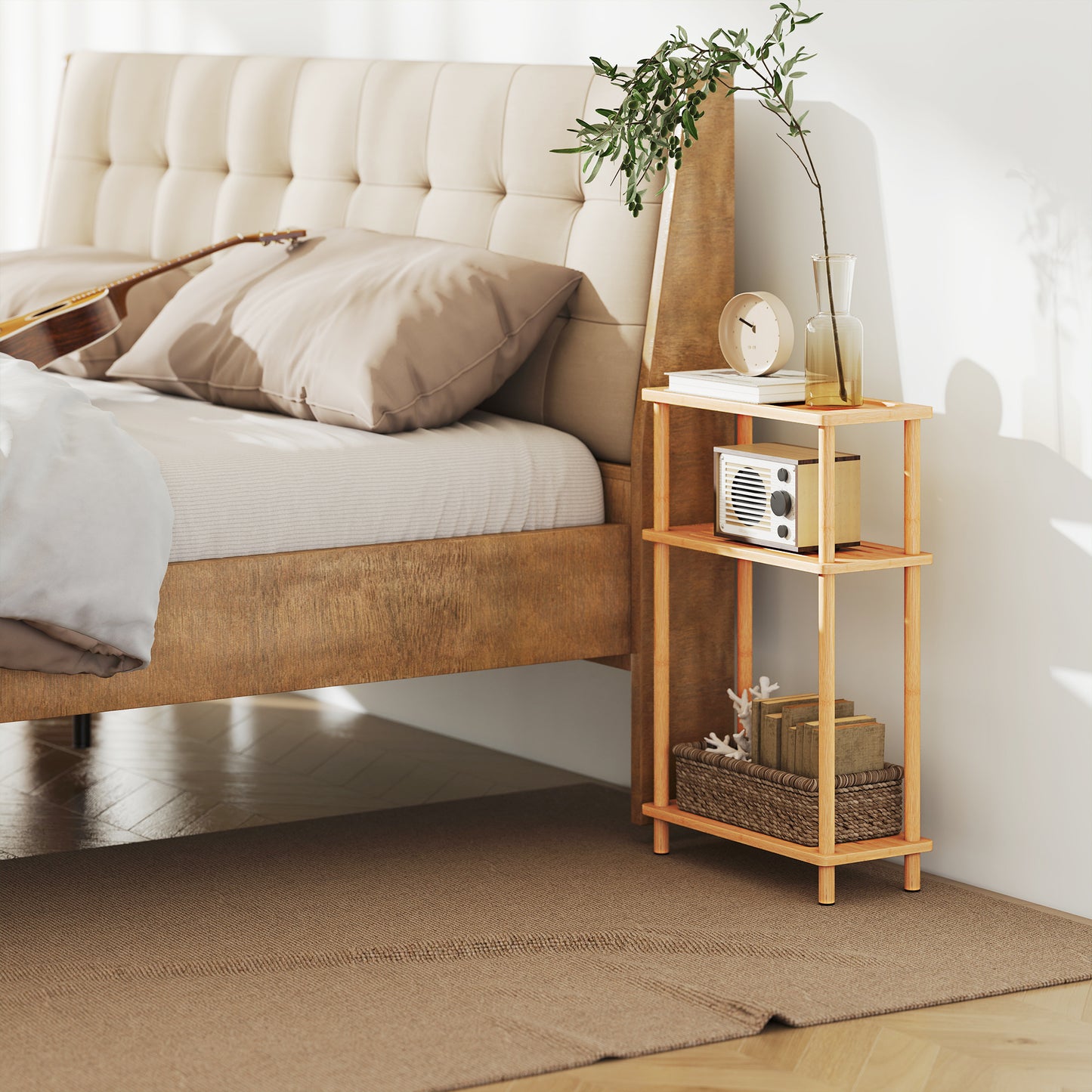 Bamboo Side Table, 3-Tier Slim End Table, Nordic Style, for Living Room, Bedroom, Office, Tool-Free Assembly