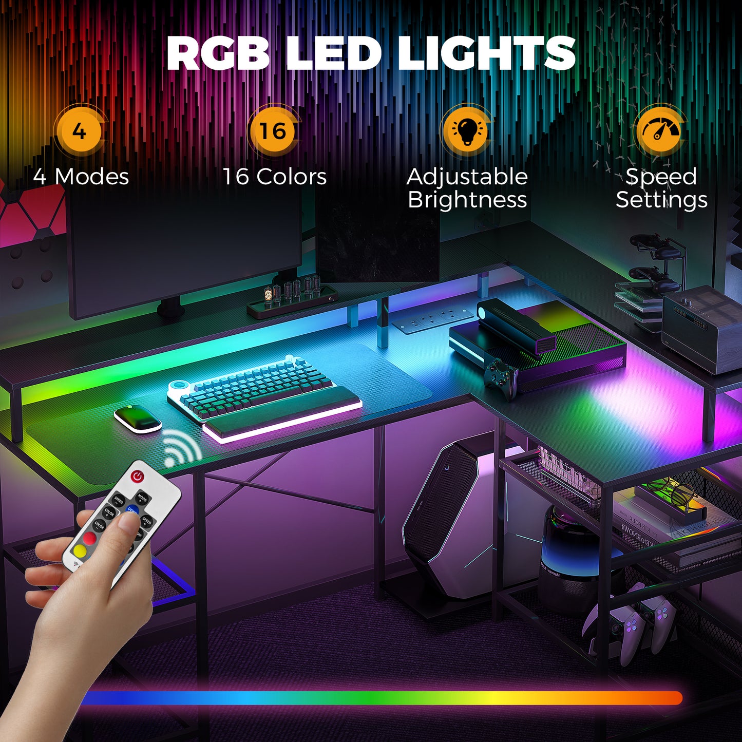 L Shaped Gaming Desk with LED Lights and Power Outlets, 150cm Corner Computer Desk for Small Space, Black