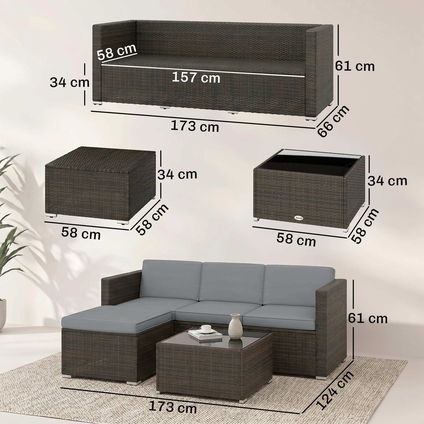 3 Pieces Garden Furniture Set w/ Cushions, PE Rattan Wicker Conversation Corner Sofa Set, Light Grey