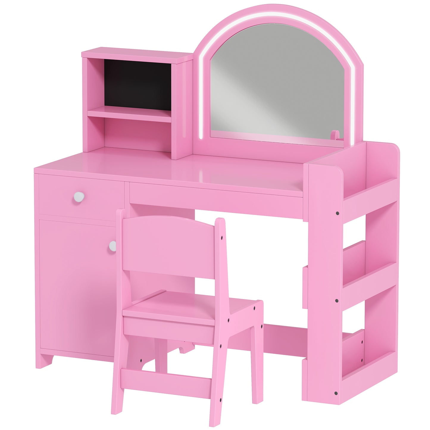 Kids Vanity Table and Chair Set, Girls Dressing Table with 2-Colour LED Mirror, Stool, Cabinet, Drawer, Shelves, Pink