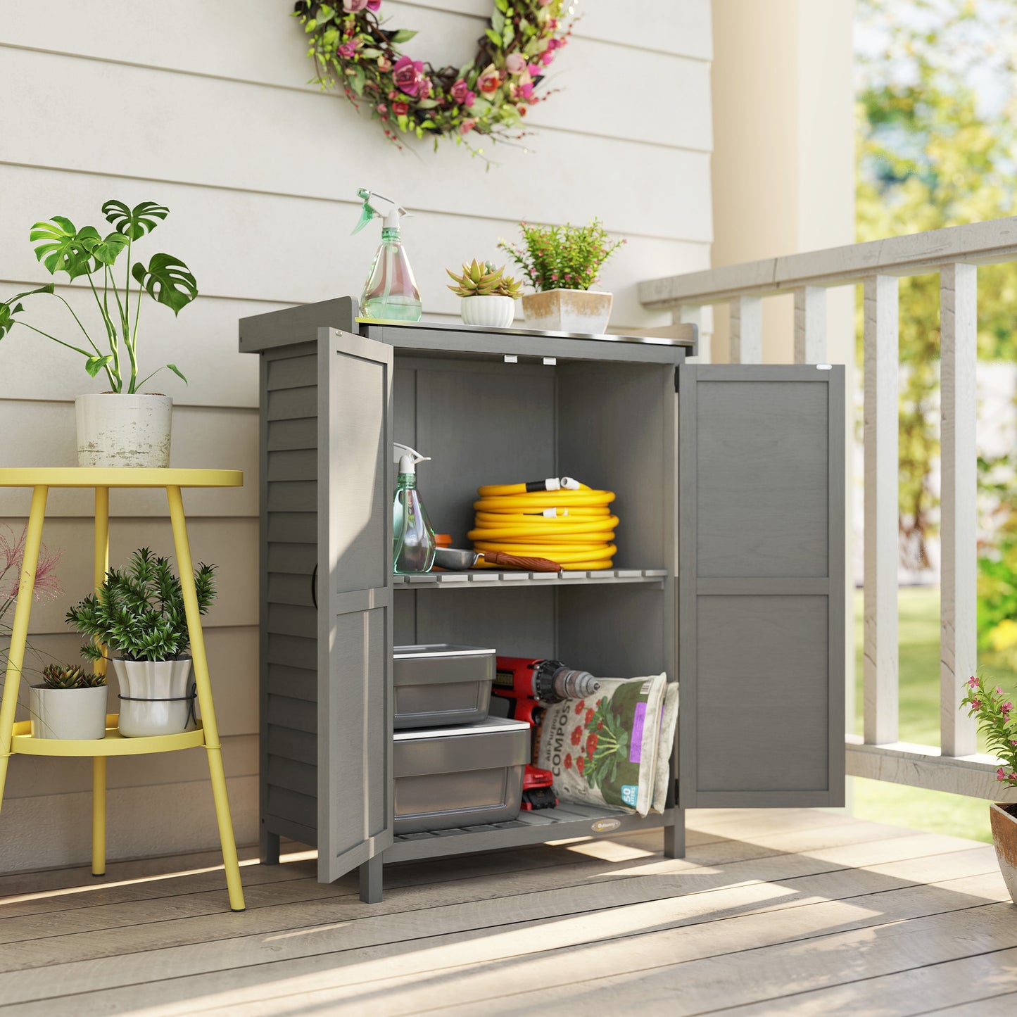 Wooden Garden Shed, Garden Tool Storage Shed with Shelf and Side Hooks, 71.5 x 39 x 95 cm, Grey