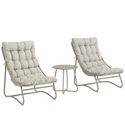 3 Piece Garden Bistro Set, Round Outdoor Bistro Table and Chairs Set for 2 with Texteline Seat and Cushions, Light Grey