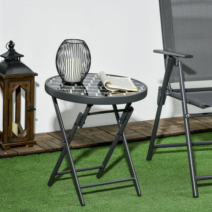 Φ45cm Garden Side Table, Outdoor Round Folding Patio Table with Imitation Marble Glass Top, Small Coffee Table