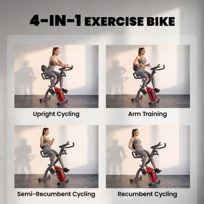 4-In-1 Folding Exercise Bike with Resistance Bands, Bluetooth App, 8-Level Magnetic Resistance, LCD Display, Red