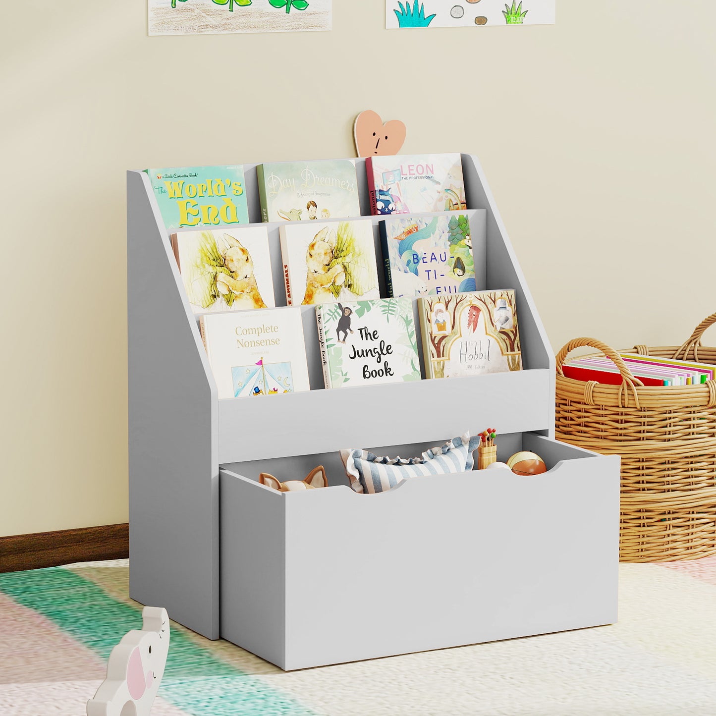 Bookcase for Kids with Shelves, Drawer, Bookcase for Bedroom, Playroom, Grey