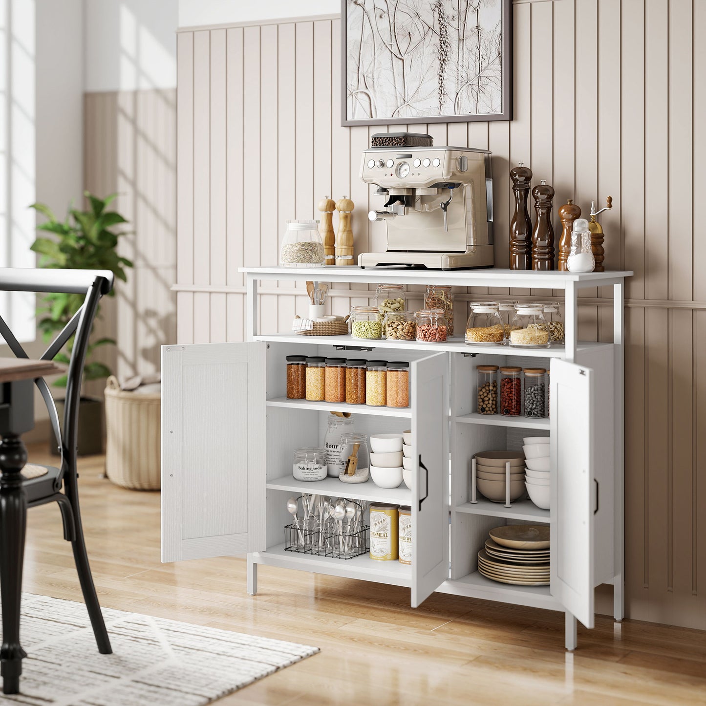 Industrial Kitchen Sideboard with Open Shelf, 2 Cabinets, Adjustable Shelves for Living Room, Dining Room, White