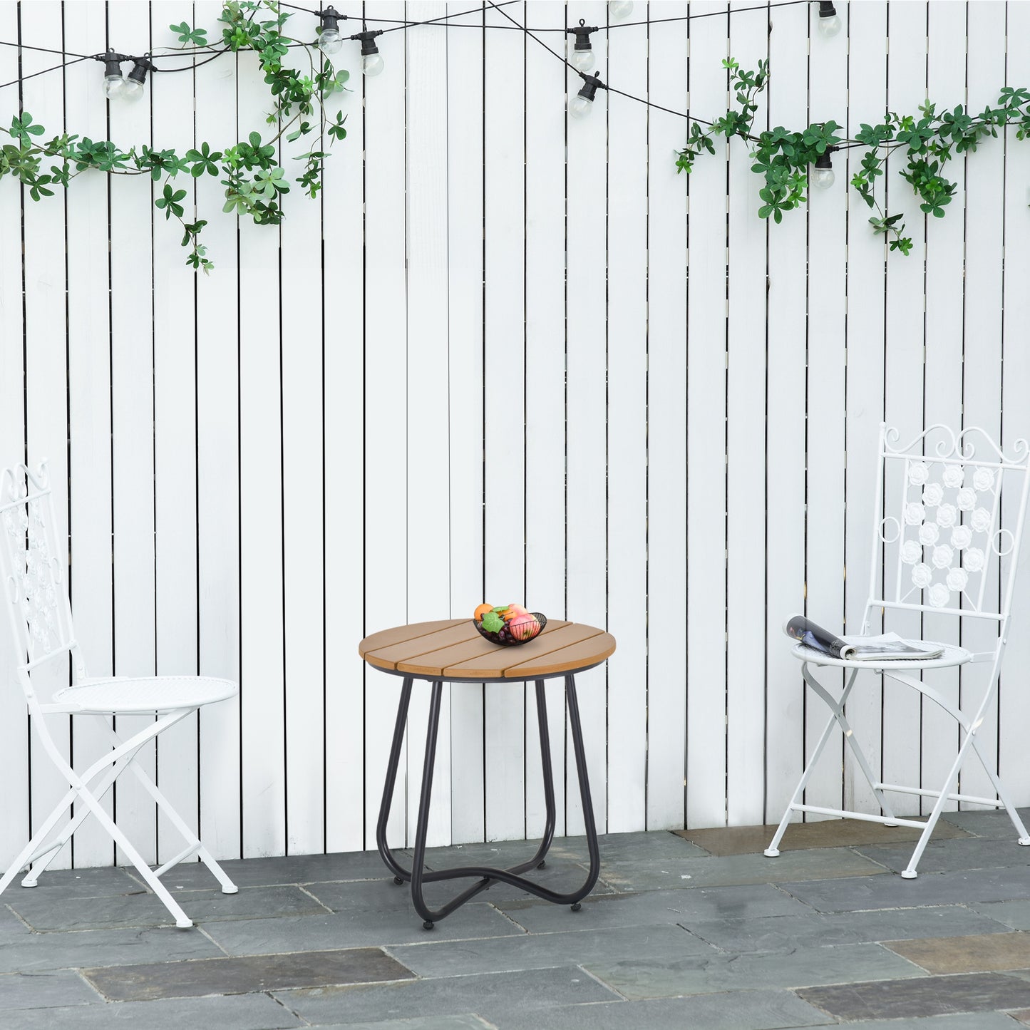 Round Outdoor Side Table Adjustable Leg Pads Garden Table 49 x 49 x 48 cm Natural Wood & Black