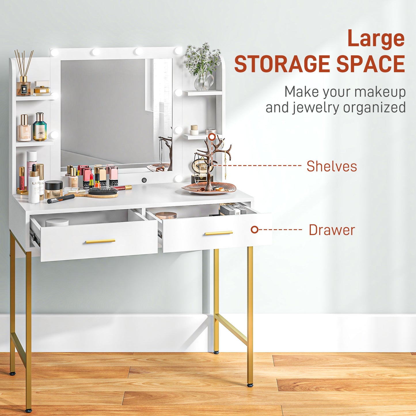 Dressing Table Set, with Storage and Stool - White