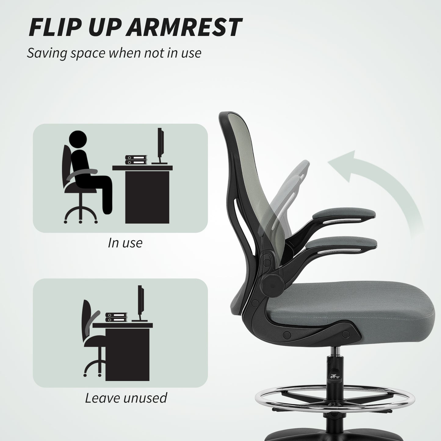 Drafting Chair, Ergonomic Tall Office Chair with Flip-up Armrests, Mesh Back, Lumbar Support