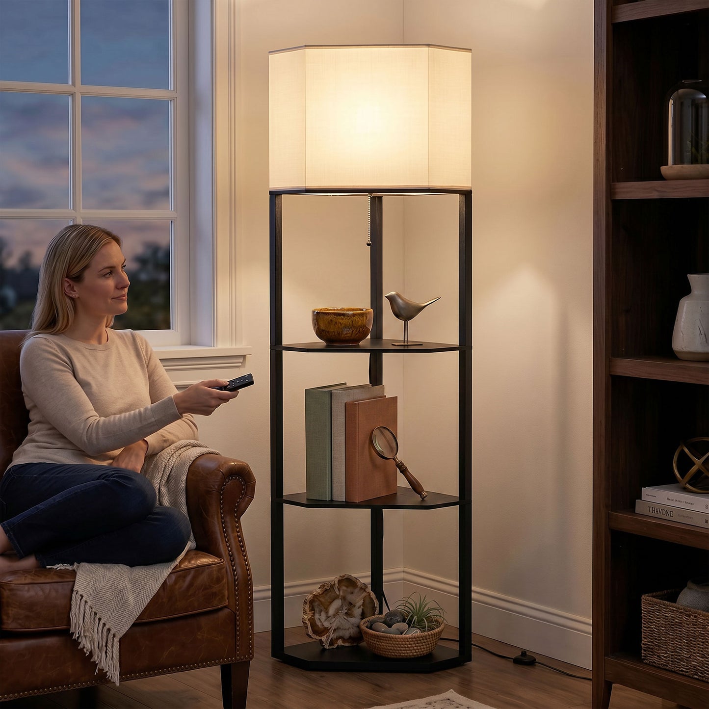 Corner Floor Lamp with Shelves and Lights, Modern Dimmable Standing Lamp with 3000K/4000K/6000K Colour Temperature