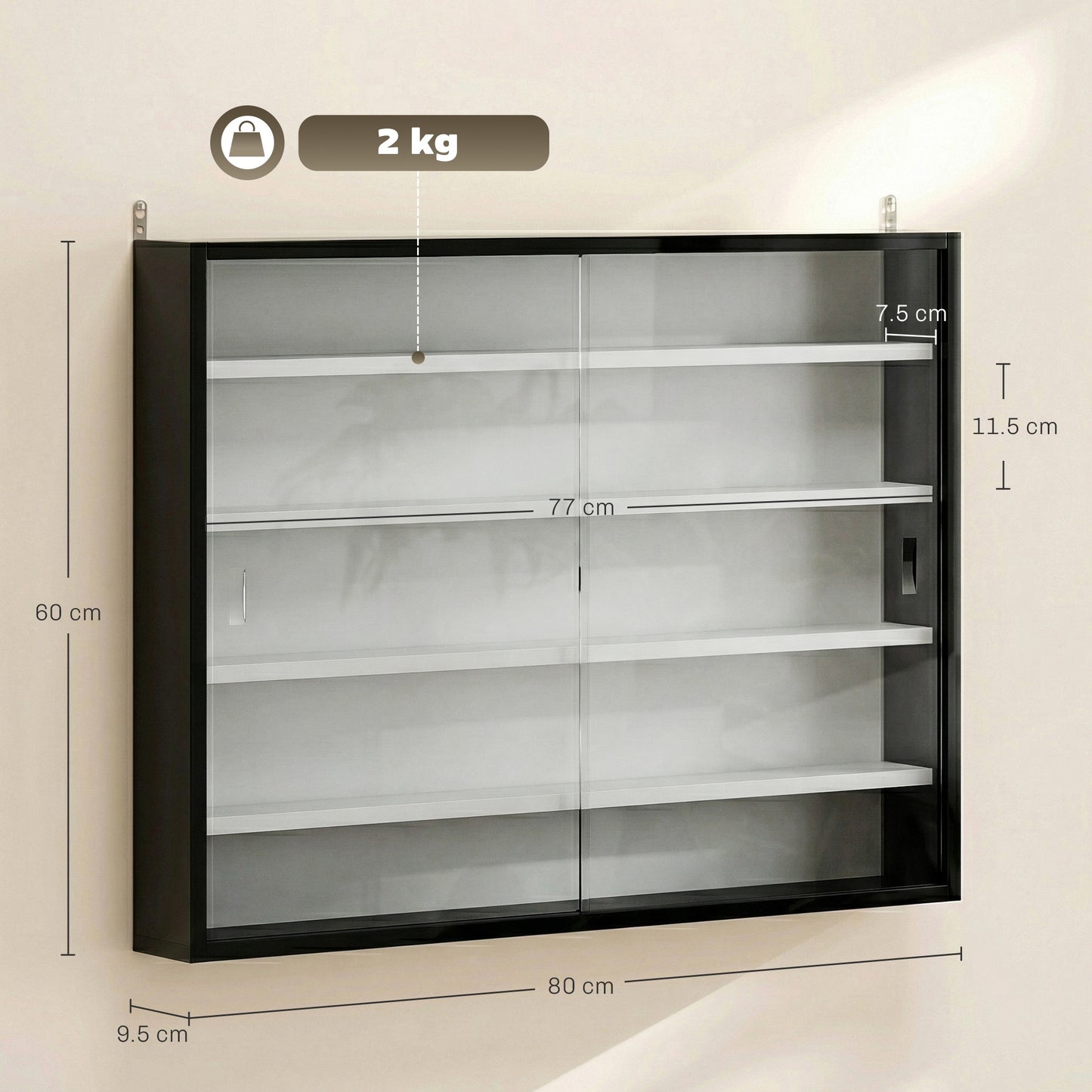 5-Tier Wall Display Cabinet, Wall Mounted Display Case w/ 4 Adjustable Shelves, Glass Doors, 60x80cm, Black and White