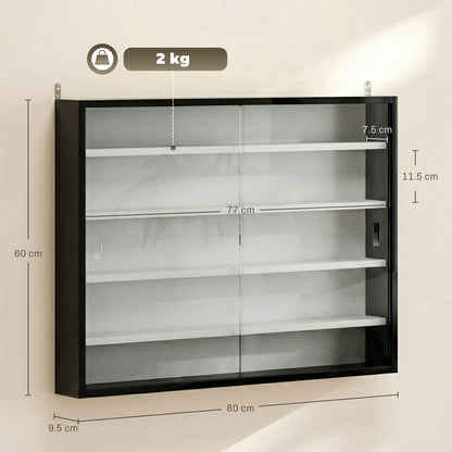 5-Tier Wall Display Cabinet, Wall Mounted Display Case w/ 4 Adjustable Shelves, Glass Doors, 60x80cm, Black and White