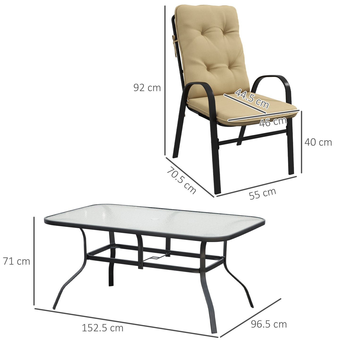 Seven-Piece Garden Dining Set with Ripple Tempered Glass Tabletop and Full-size Cushions - Beige