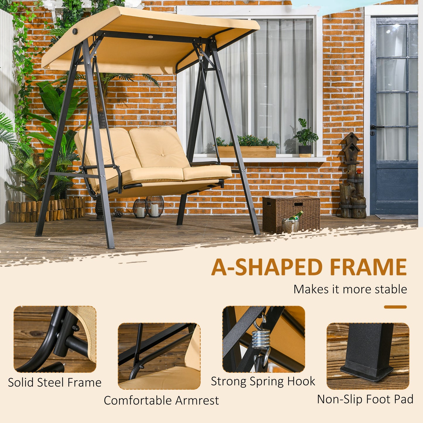Two-Seater Garden Swing Bench, with Adjustable Canopy - Beige