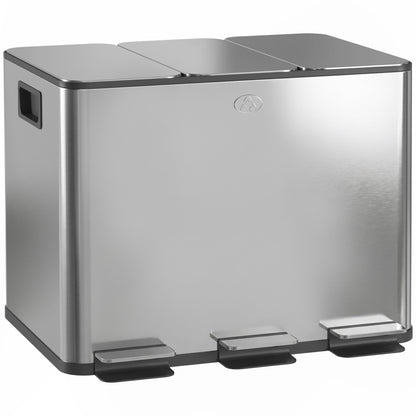 3 x 20L Pedal Bin, Steel Triple Kitchen Bin with Soft Close Lid, Removable Inner Buckets, Fingerprint-Proof, Silver Tone