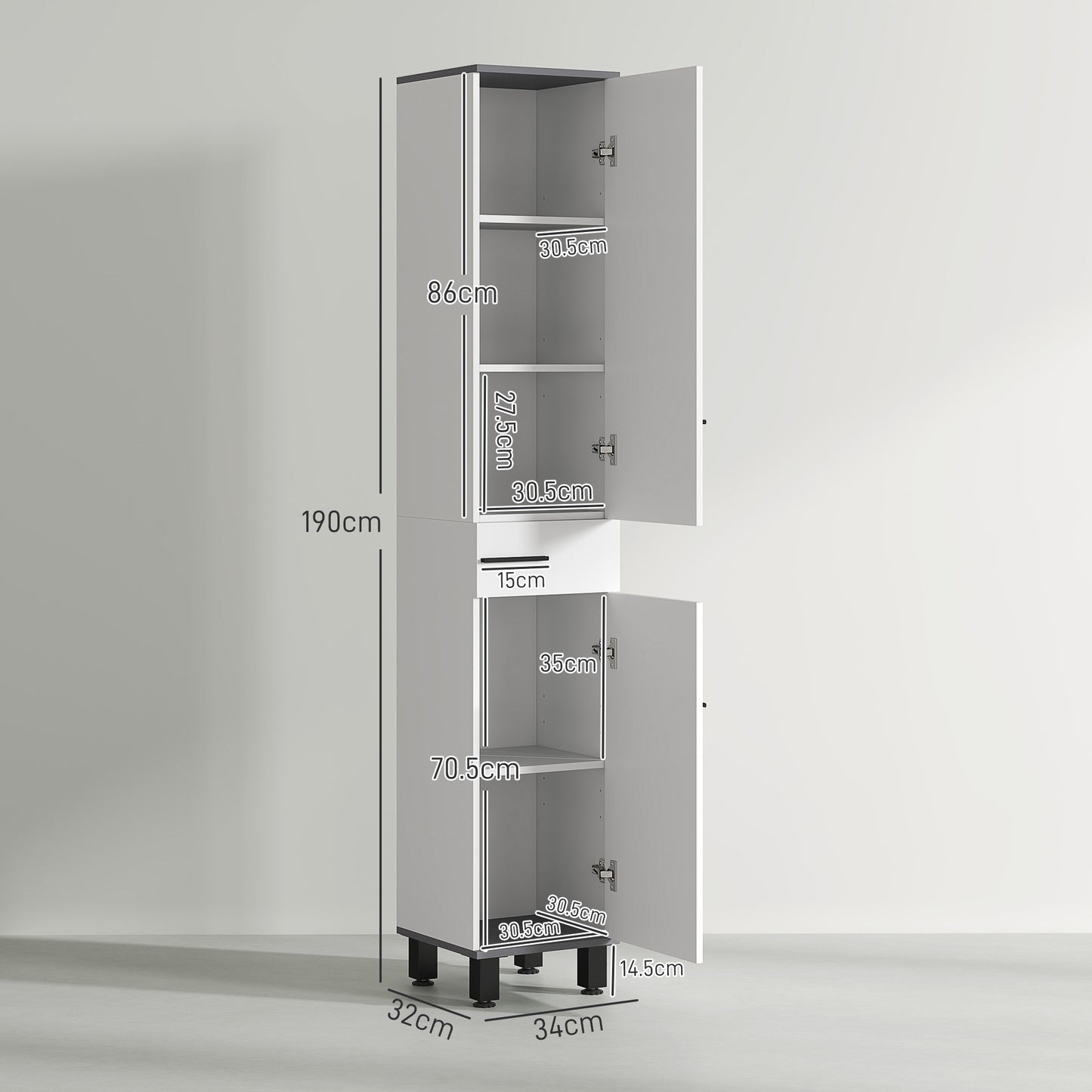 190cm Slim Bathroom Storage Cabinet - White