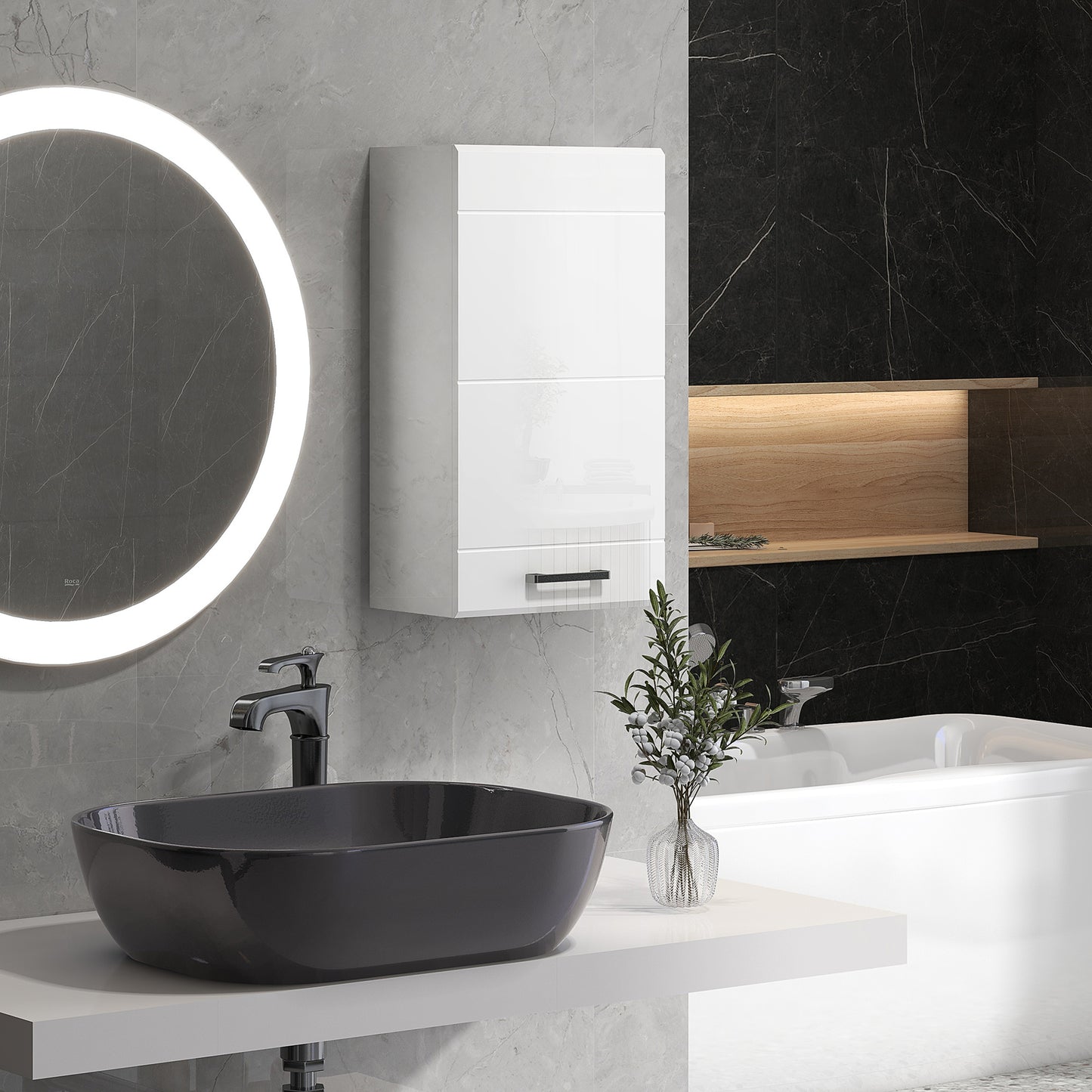Bathroom Wall Cabinet, High Gloss Bathroom Storage Cabinet with Soft-Close Door, 3 Shelves, Adjustable Shelf, White