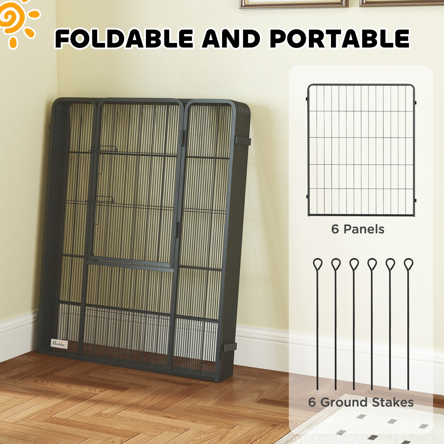 6 Panels Dog Playpen, Portable Detachable Puppy Pen with Door, for Large Dogs, 100cm High, Black