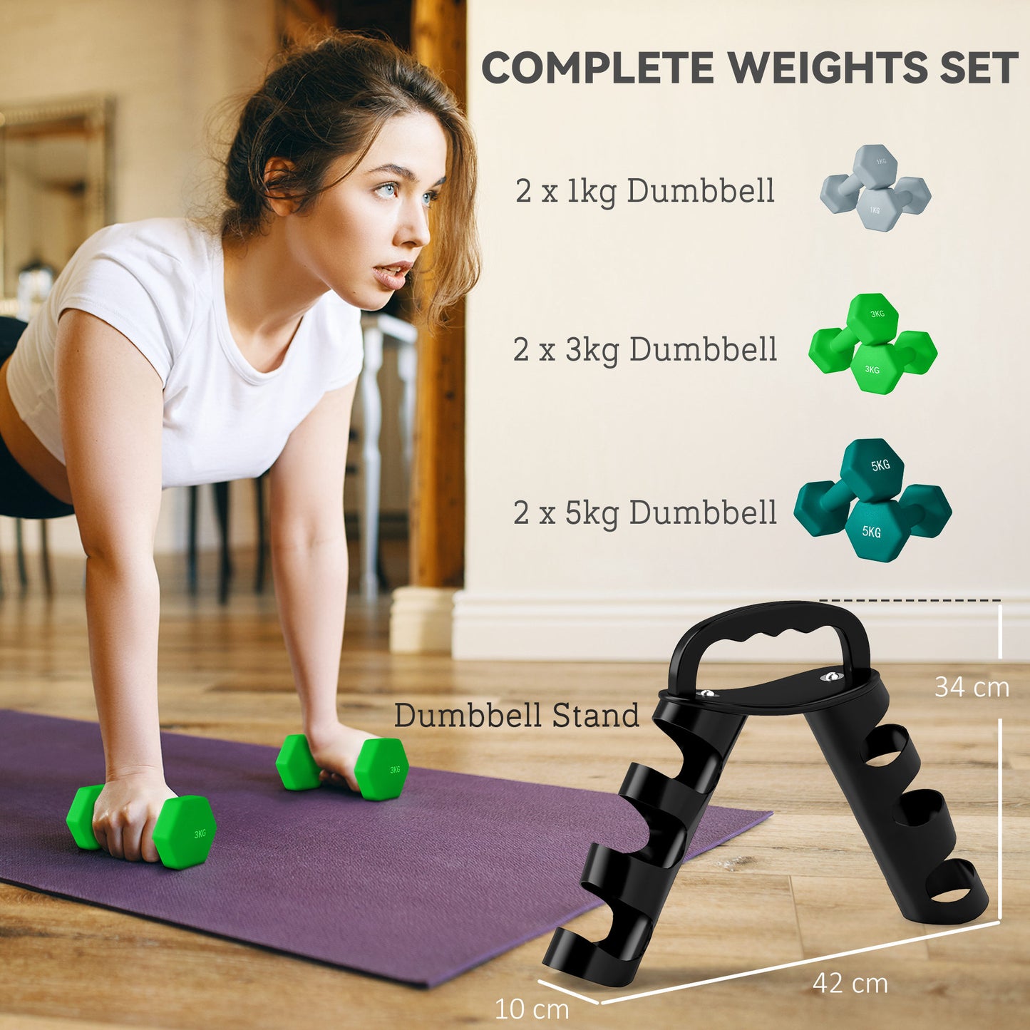 Dumbbells Set with Storage Rack, 2 x 1kg, 2 x 3kg, 2 x 5kg, Grey