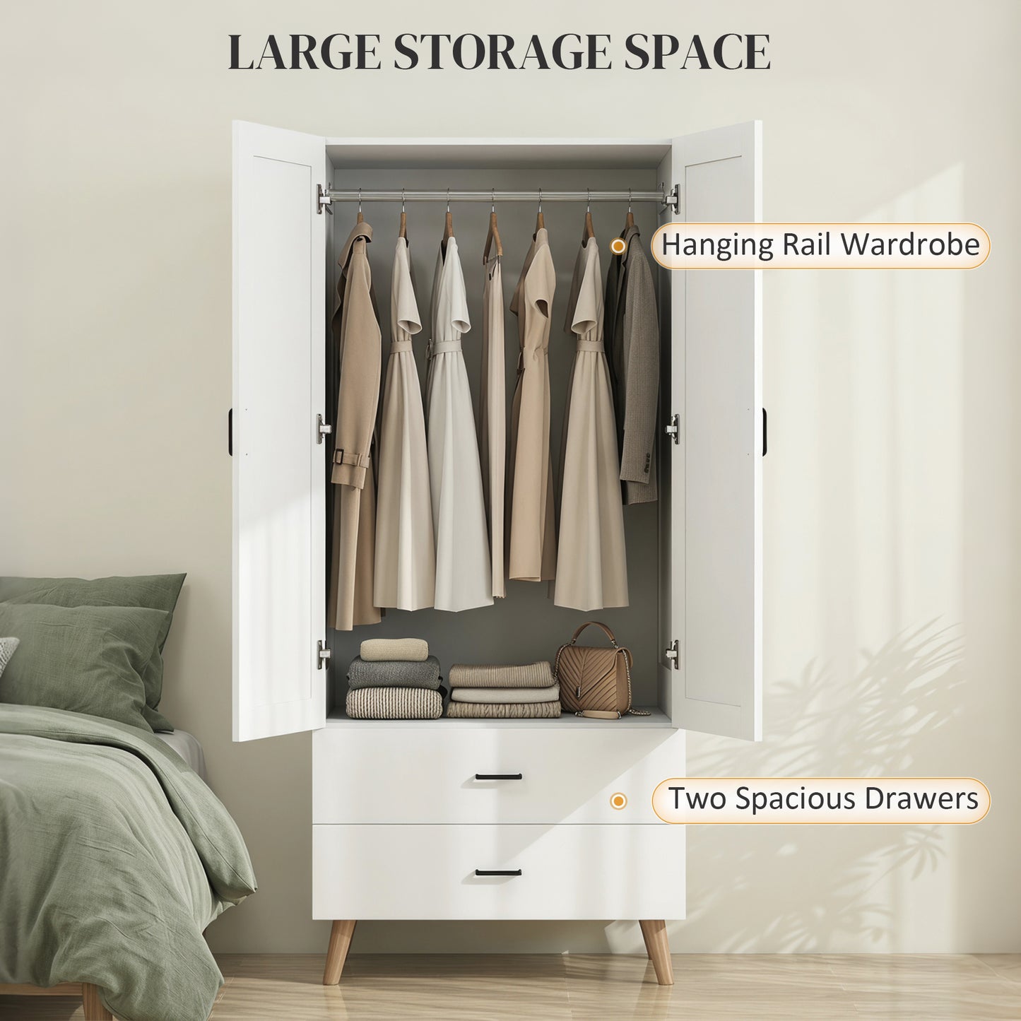 2-Door Wardrobe, Modern Wardrobe with 2 Drawers and Hanging Rail for Bedroom, White