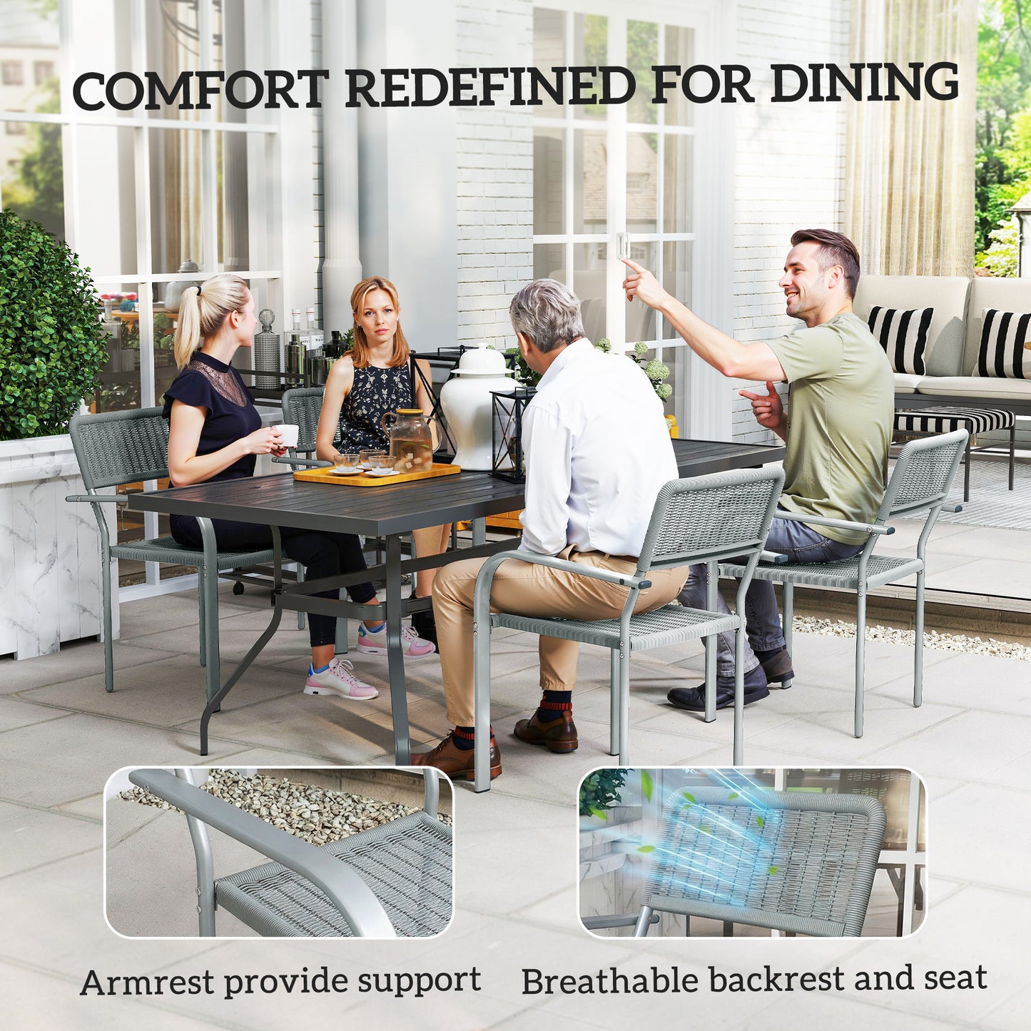 Stackable Garden Chairs Set of 4, Rattan Effect Outdoor Dining Chairs, Light Grey