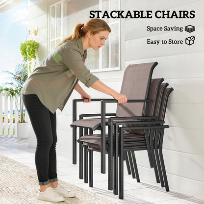 5 Pieces Outdoor Dining Set for 4, Garden Table and Stackable Chairs with Breathable Mesh Seat, Grey and Khaki