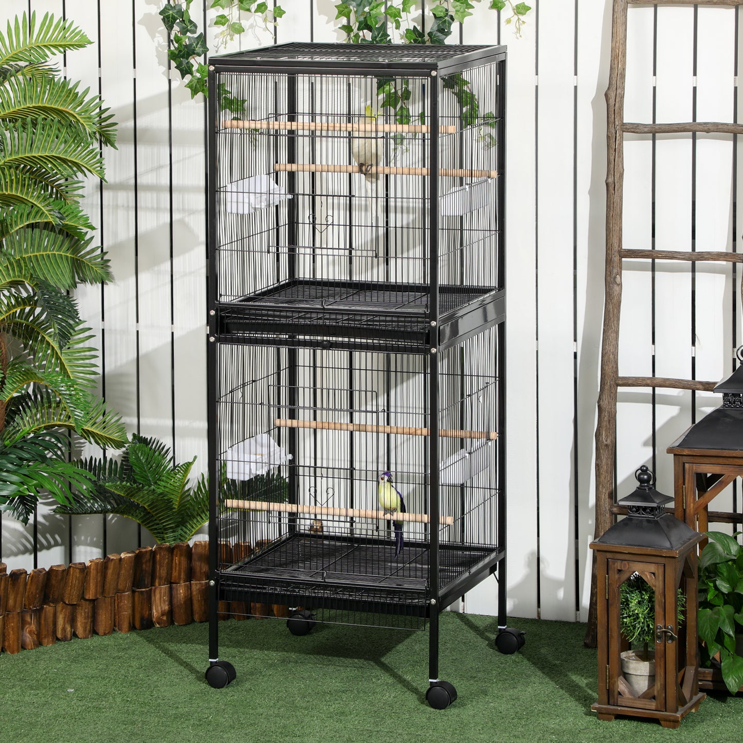 Bird Cage Budgie Cage 2 In 1 Large Aviary with Wheels Removable Trays for Finch Canaries Cockatiels Black