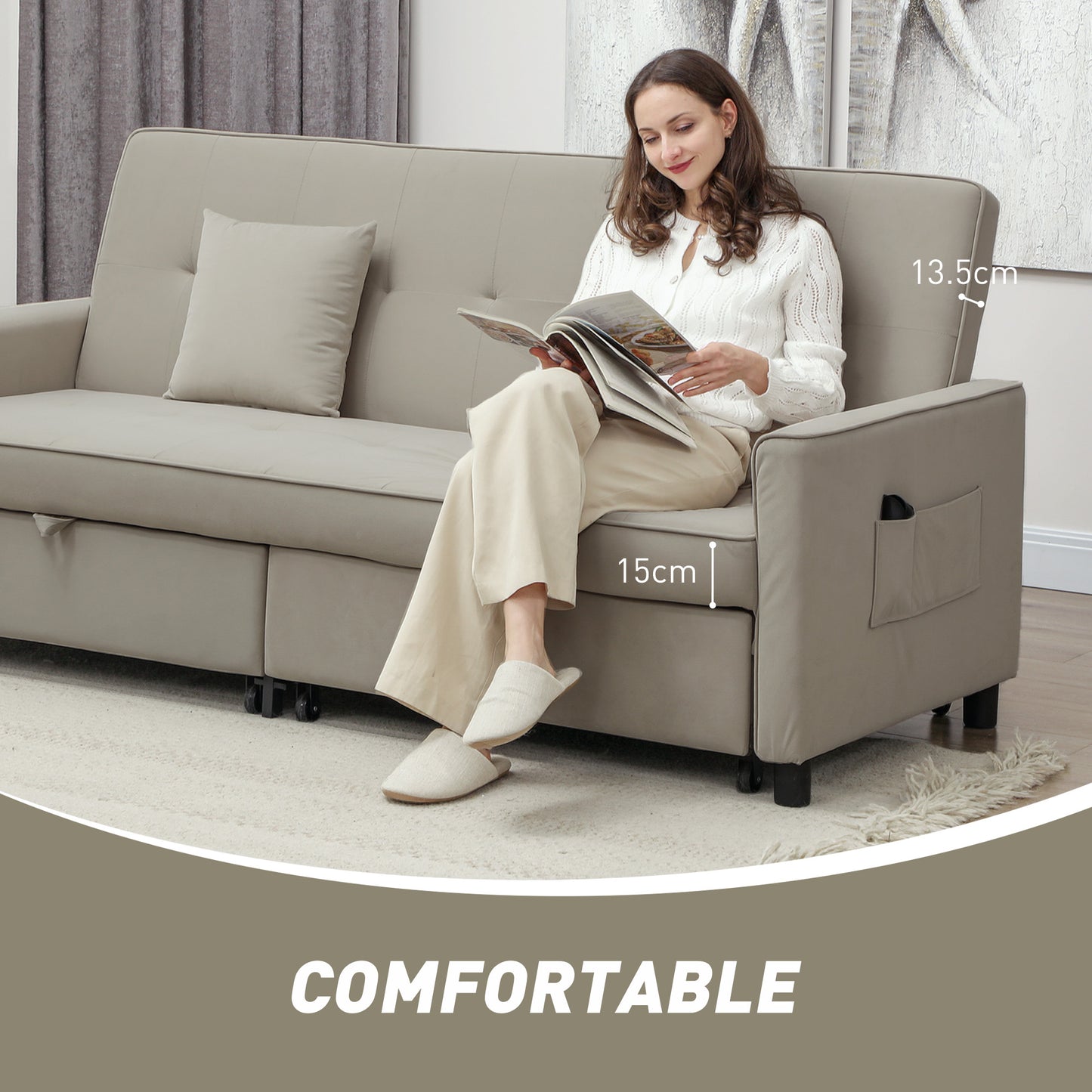 3 Seater Velvet Sofa Bed, Convertible Pull-Out Sofa Bed with Adjustable Backrest, Space Saving Living Room Sofa, Beige
