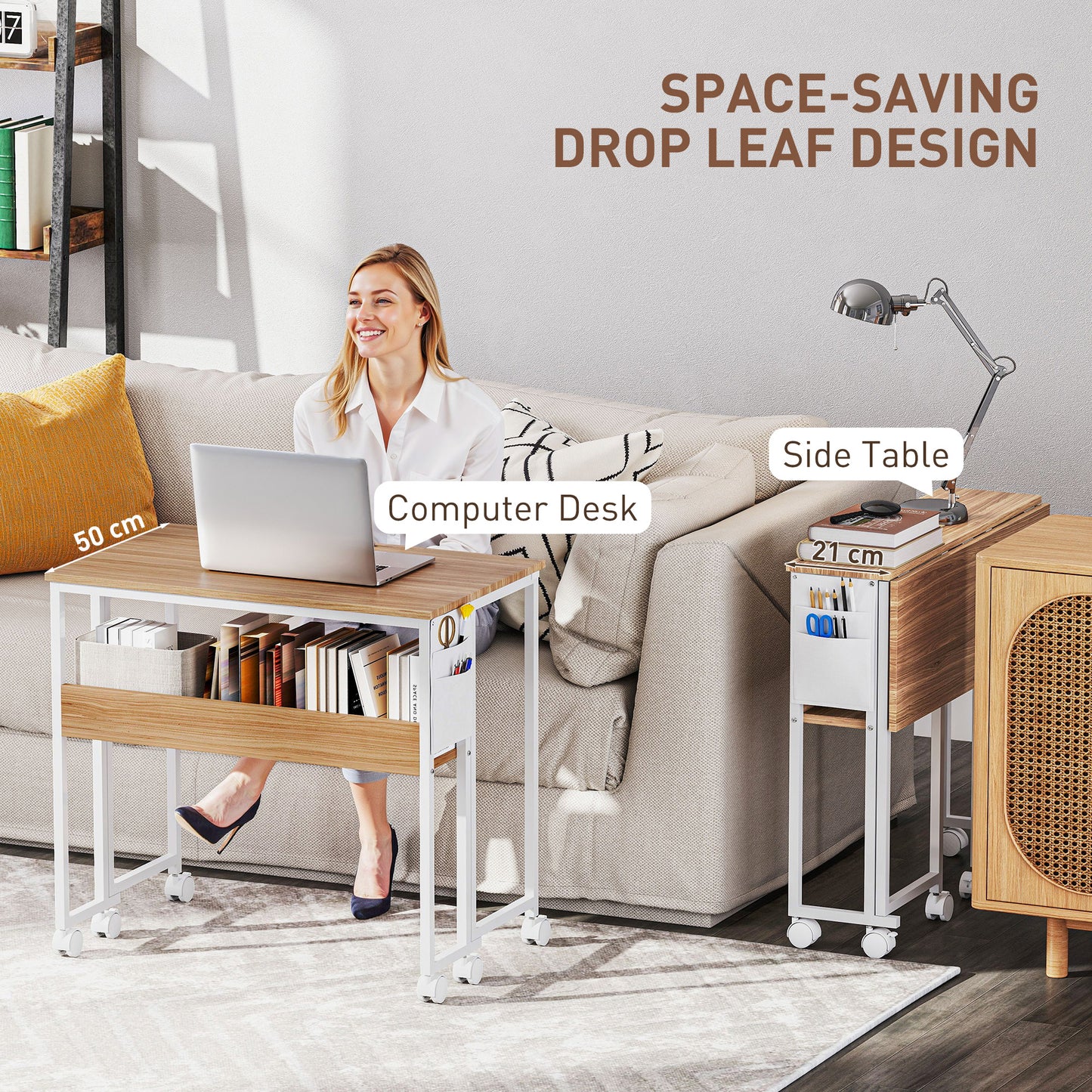80 cm Drop Leaf Writing Work Desk - Natural Wood Finish