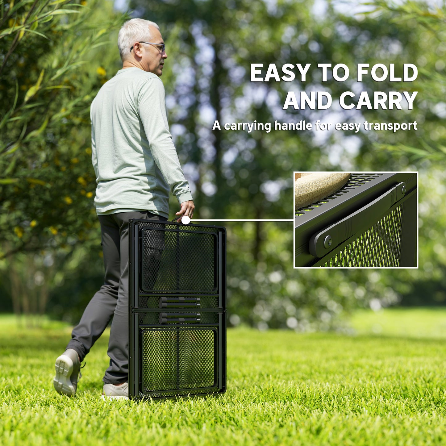 Folding Grill Table, 4.5ft Portable Camping Table with 2 Wing Panels, Height Adjustable Metal Picnic Table for Camping