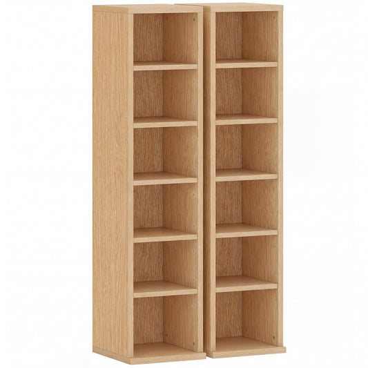 Set of 2 CD Media Display Shelf Unit Tower Rack with Adjustable Shelves, Natural