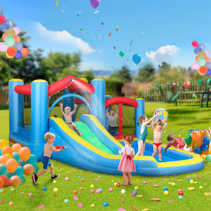 Inflatable Bouncy Castle with 550W Blower, Basketball Hoop, Long Slide, Dart Board, Carrying Bag, 385 x 290 x 180 cm