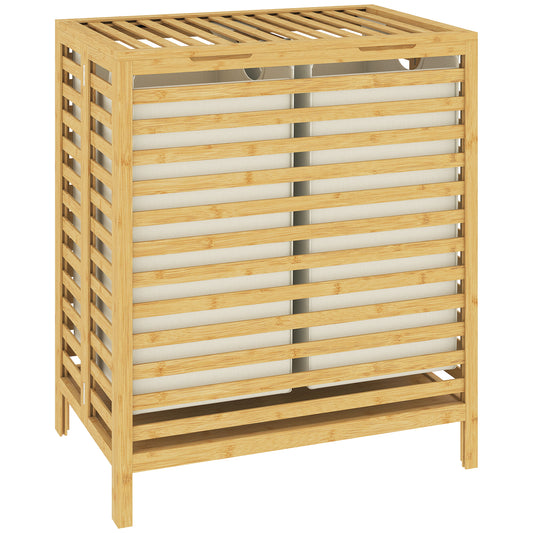 Bamboo Laundry Basket with Lid, 2 Baskets, Foldable, 64L, Natural and Cream White